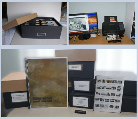 Organized photo storage, scanning equipment, and albums