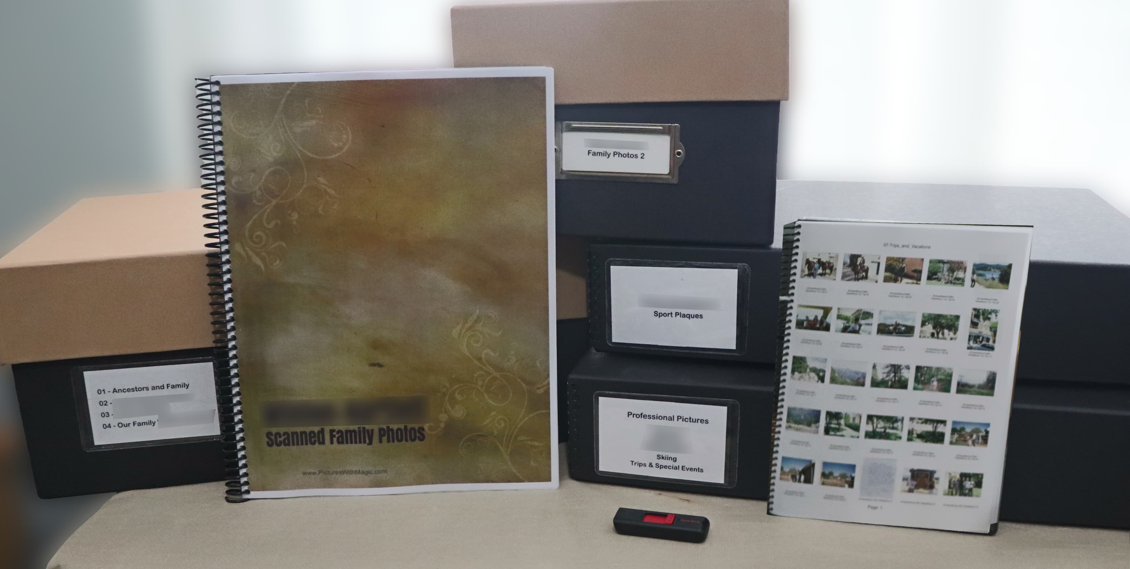 Organized photo collection with albums, boxes, and digital backup